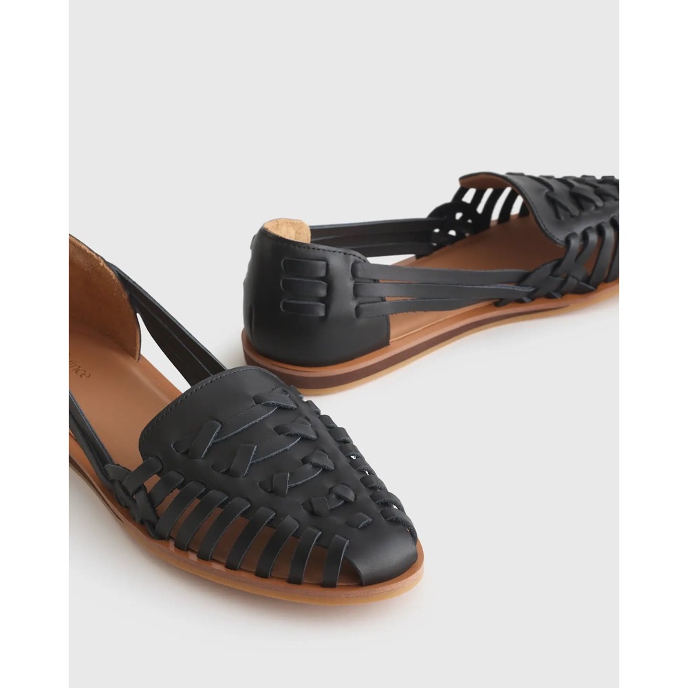 Quince Black Woven Leather Huarache Flat Sandals Size 8